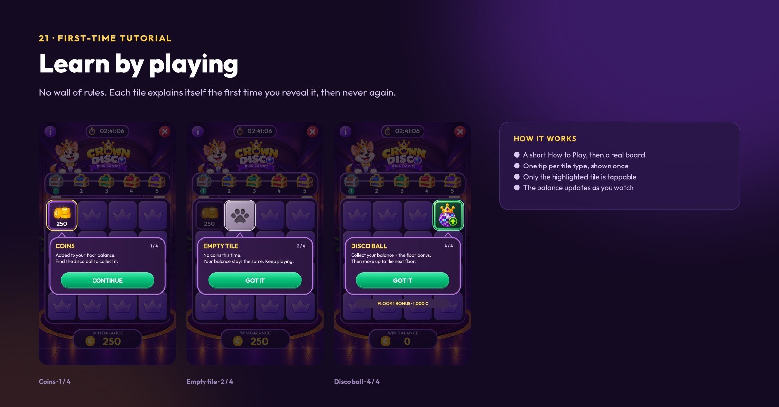 Tutorial: each tile explained on first reveal