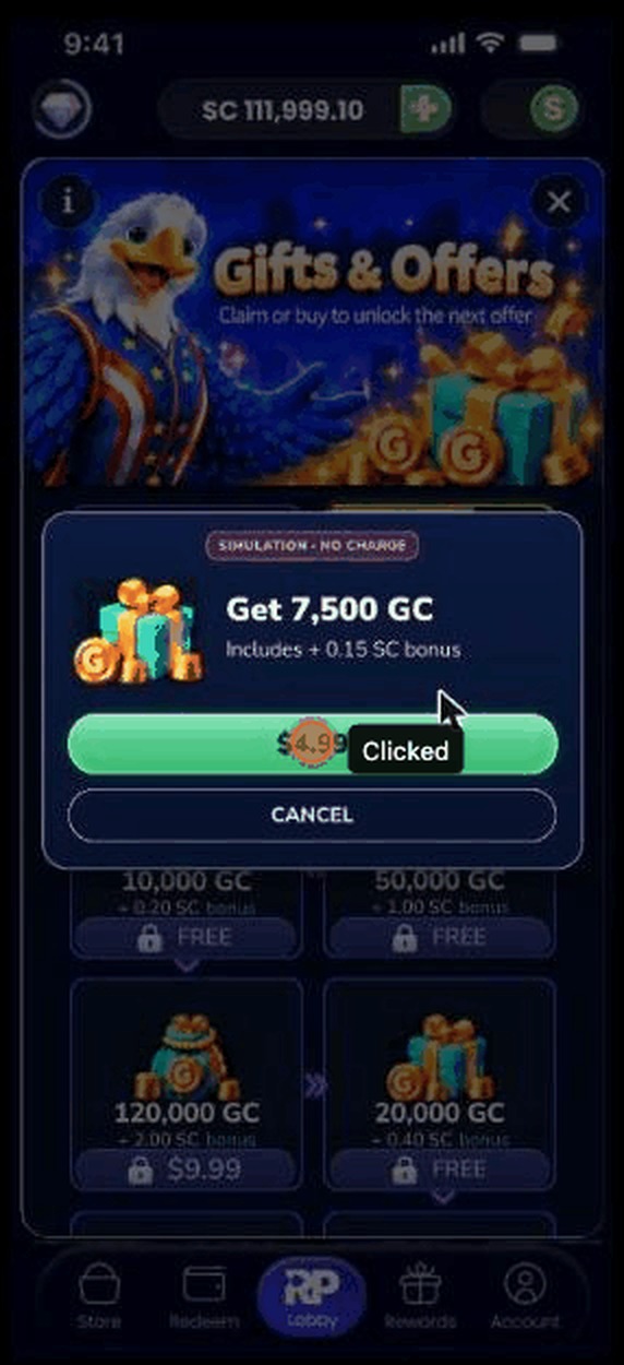 Compact grid view with purchase confirmation