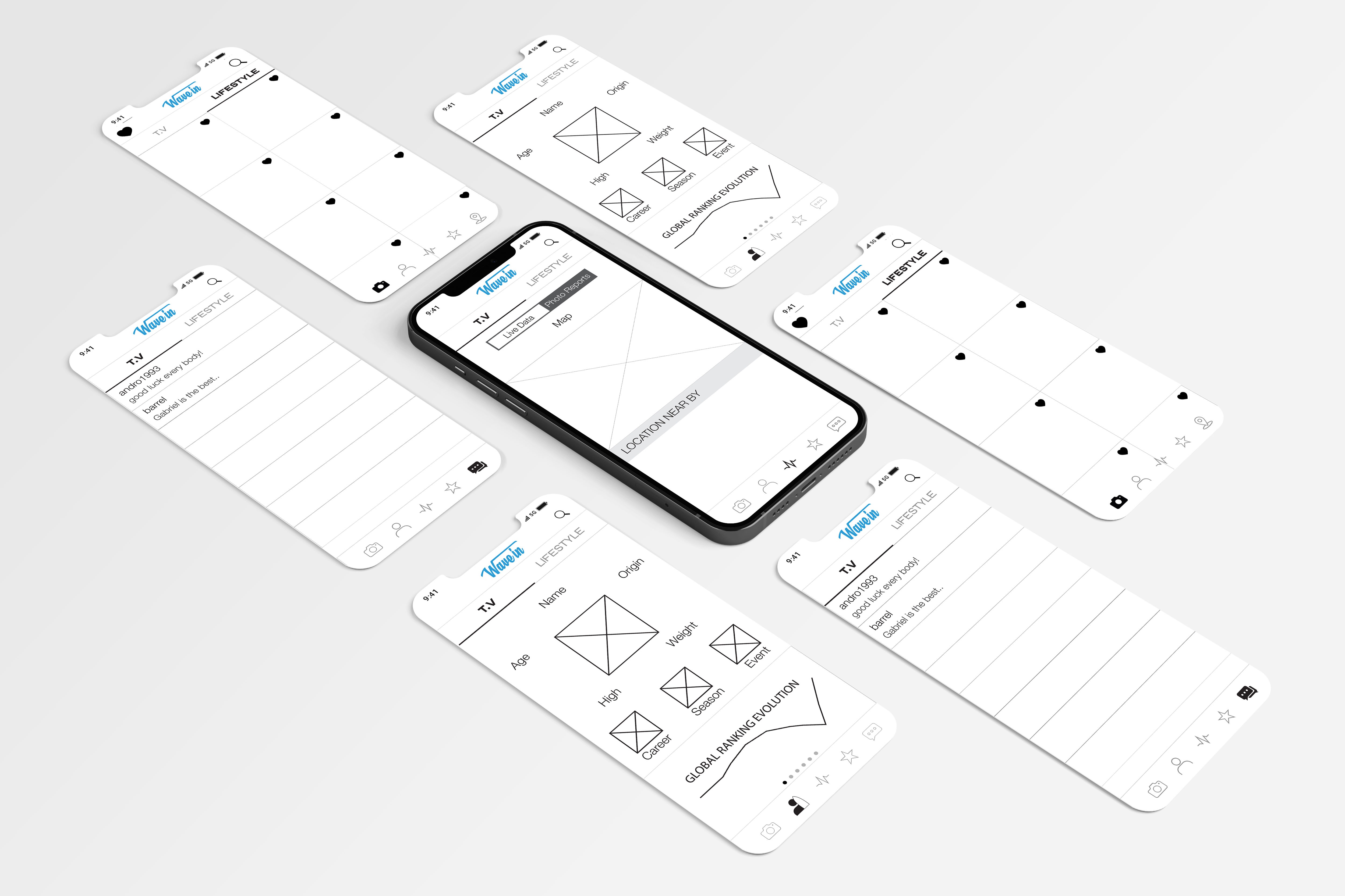 Wavein — app screens mockup
