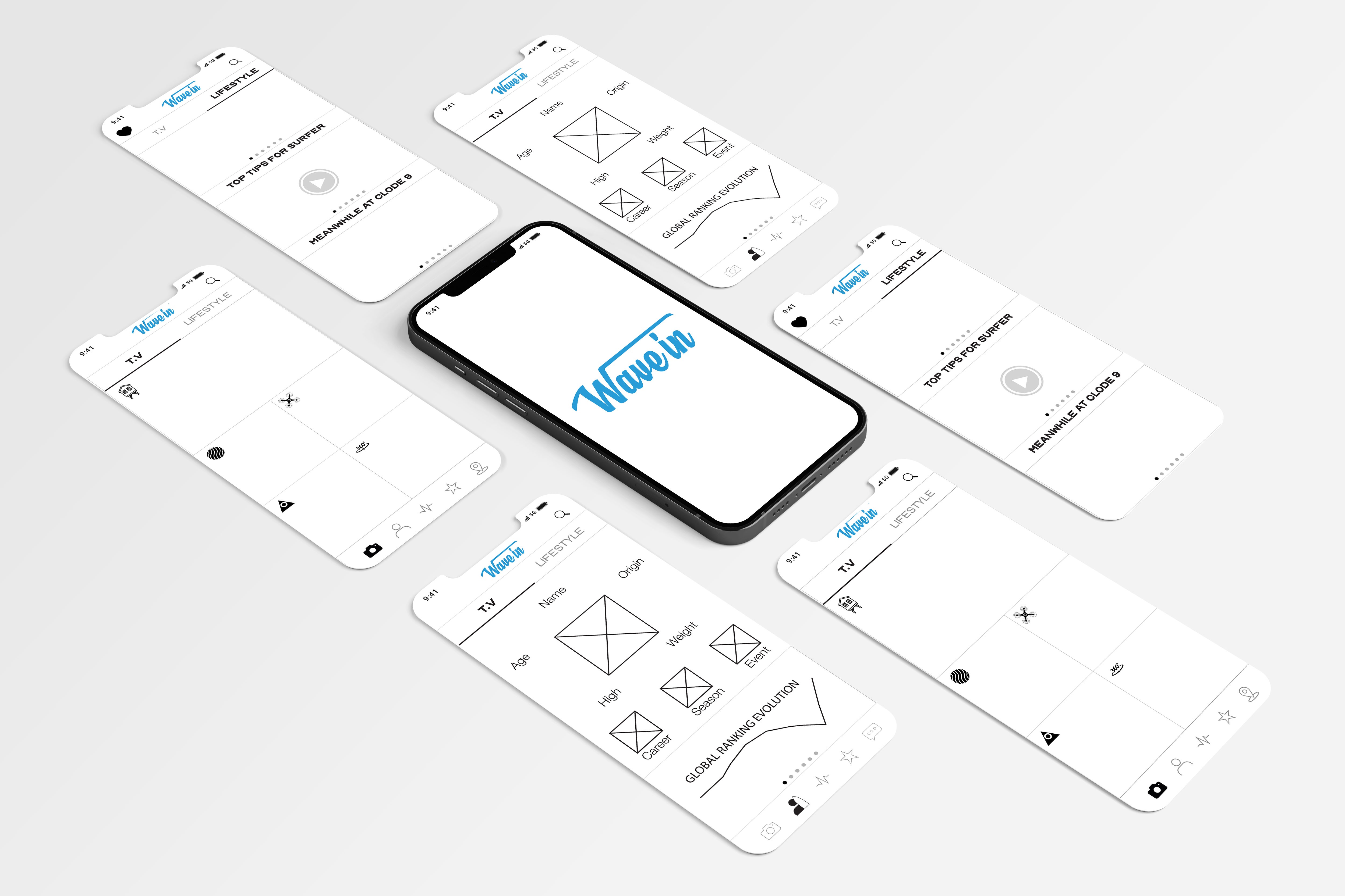 Wavein — app screens mockup